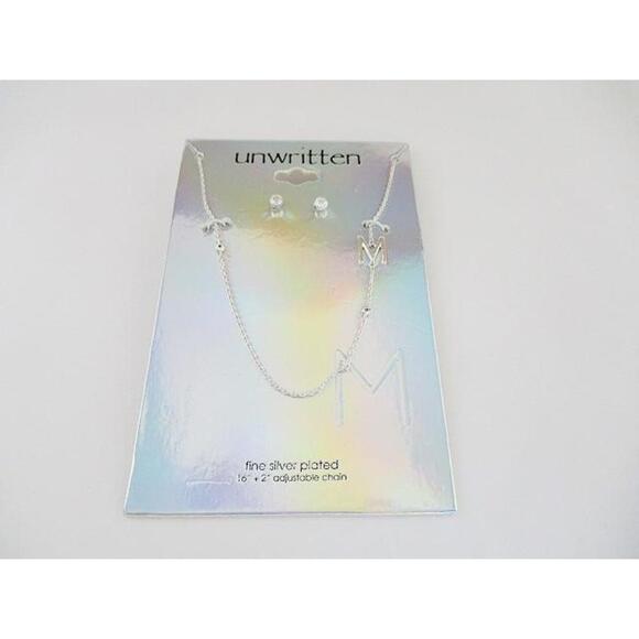 NWT Unwritten Silver Plated 16"+2" Necklace and Earring Set, "M" Charm - Picture 1 of 1